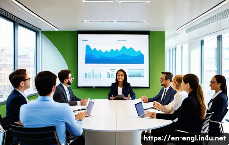 영어 시험 이직 사례 연구 - **Prompt:** A diverse group of international professionals collaborating in a modern, sunlit office ...