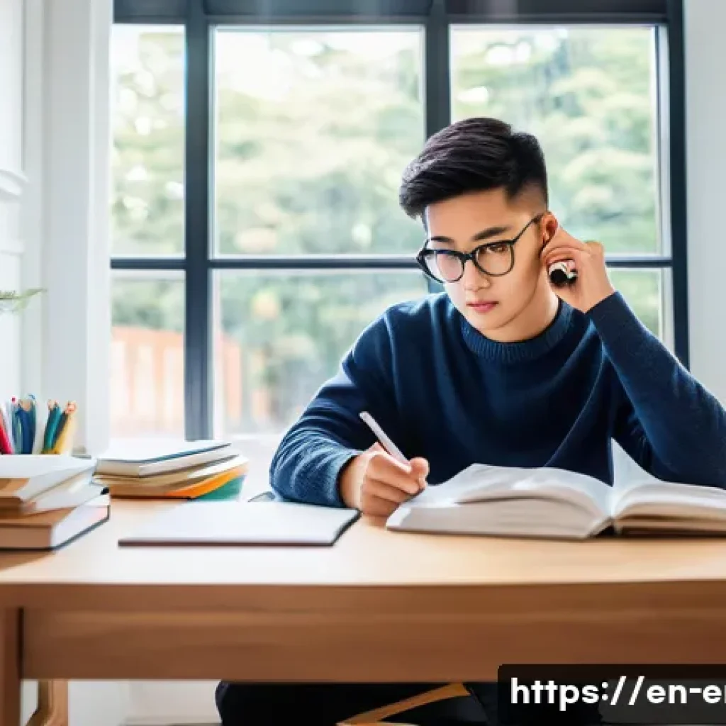TOEIC 시험장 꿀팁 - A focused young adult sitting at a modern study desk in a bright, cozy room, wearing casual comforta...