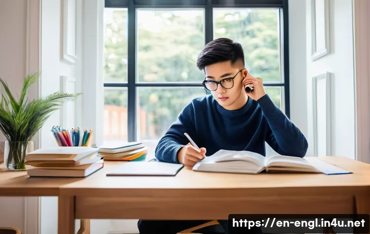 TOEIC 시험장 꿀팁 - A focused young adult sitting at a modern study desk in a bright, cozy room, wearing casual comforta...