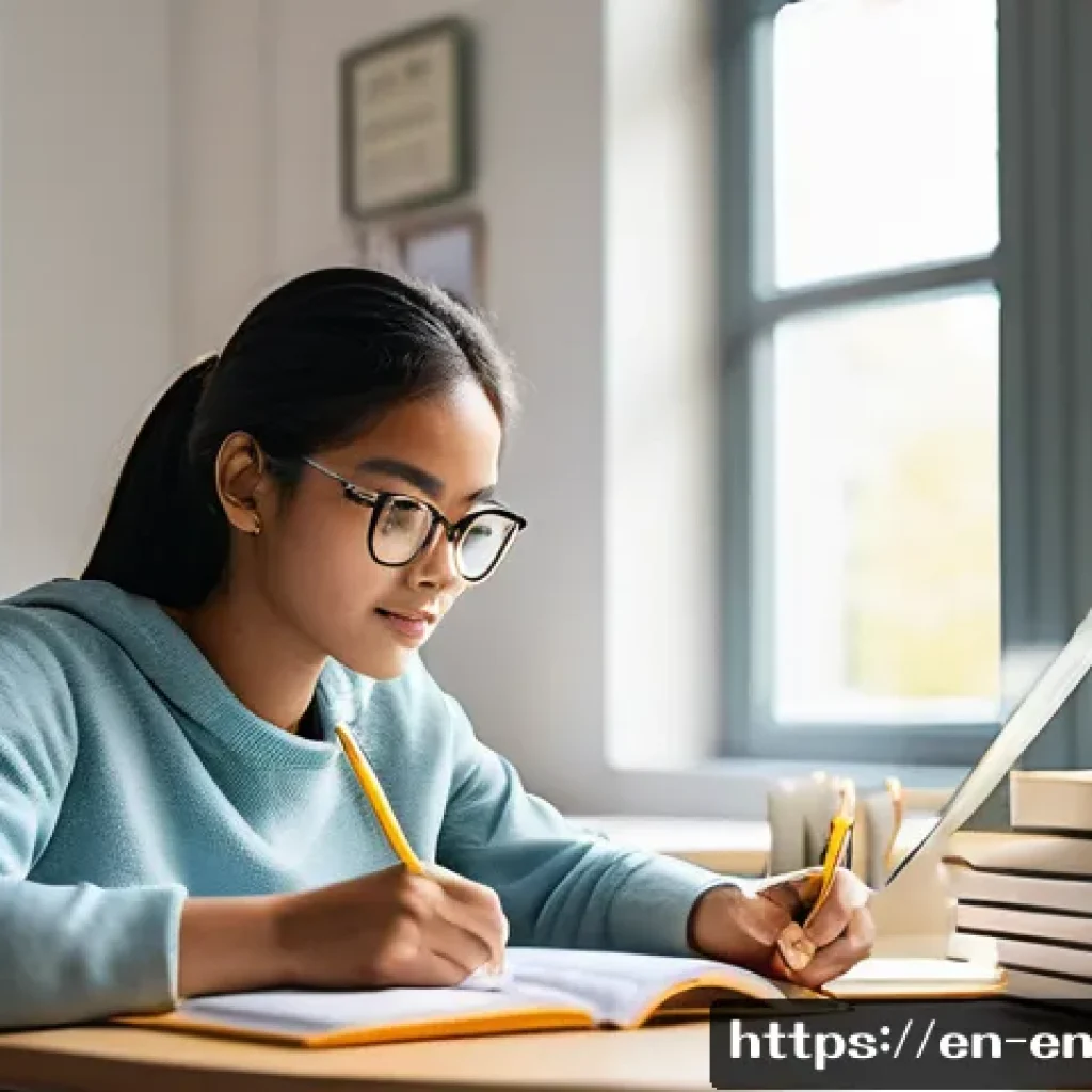 TOEFL 독해 속도 향상 비법 - A focused young adult student sitting at a modern desk in a bright, cozy study room, skimming throug...