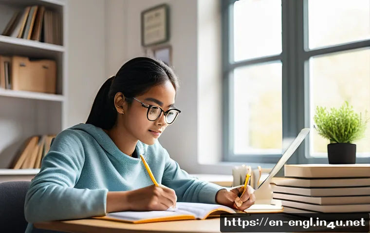 TOEFL 독해 속도 향상 비법 - A focused young adult student sitting at a modern desk in a bright, cozy study room, skimming throug...