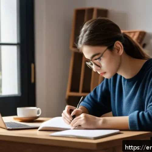 Home 33 TOEFL Writing 시험 준비 꿀팁 - A focused, studious young adult sitting at a modern desk in a cozy home office, writing a TOEFL essa...