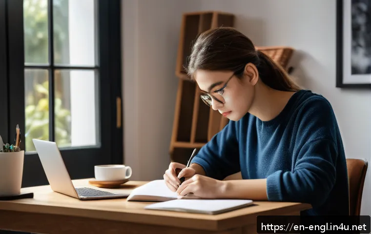 TOEFL Writing 시험 준비 꿀팁 - A focused, studious young adult sitting at a modern desk in a cozy home office, writing a TOEFL essa...