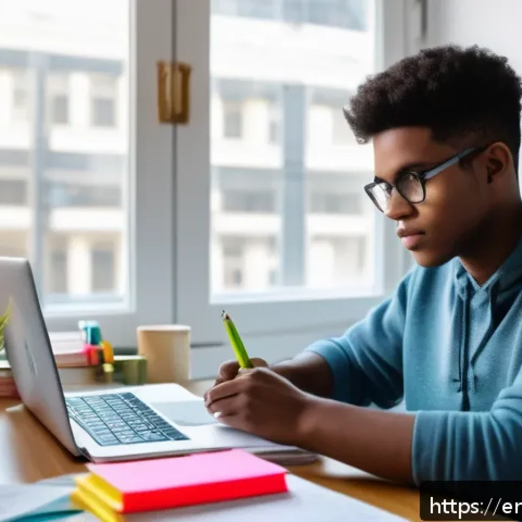 TOEFL Reading 효율적 풀이 방법 - A focused young adult studying at a cozy modern desk in a bright room, surrounded by TOEFL preparati...