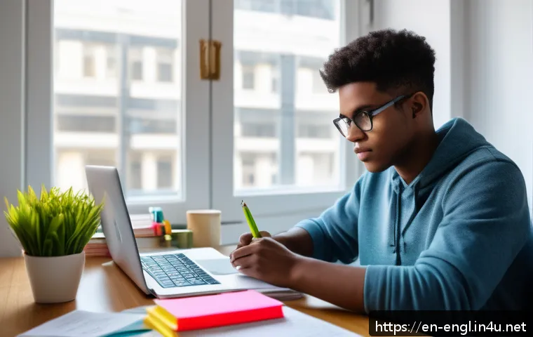 TOEFL Reading 효율적 풀이 방법 - A focused young adult studying at a cozy modern desk in a bright room, surrounded by TOEFL preparati...