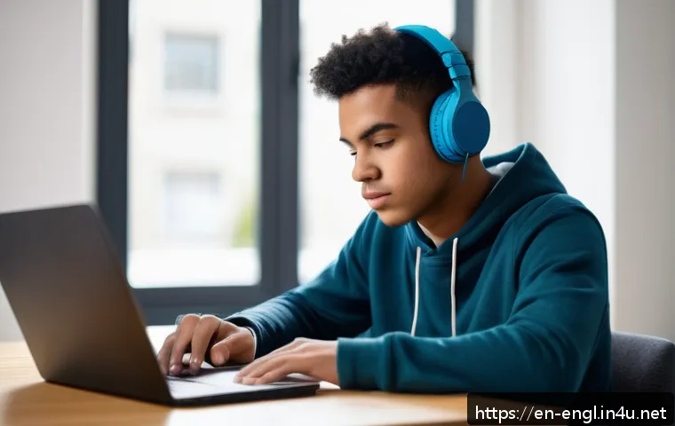 TOEFL Listening 이해력 향상법 - A focused young adult student sitting at a clean, modern desk in a quiet, well-lit room designed for...
