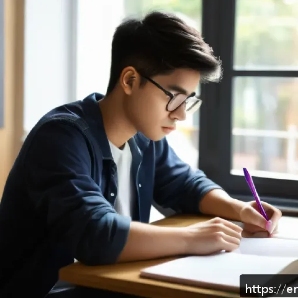 TOEFL Essay 작성 팁 - A modern study environment scene showing a young adult student sitting at a clean desk with a laptop...