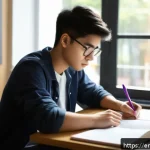Home 23 TOEFL Essay 작성 팁 - A modern study environment scene showing a young adult student sitting at a clean desk with a laptop...