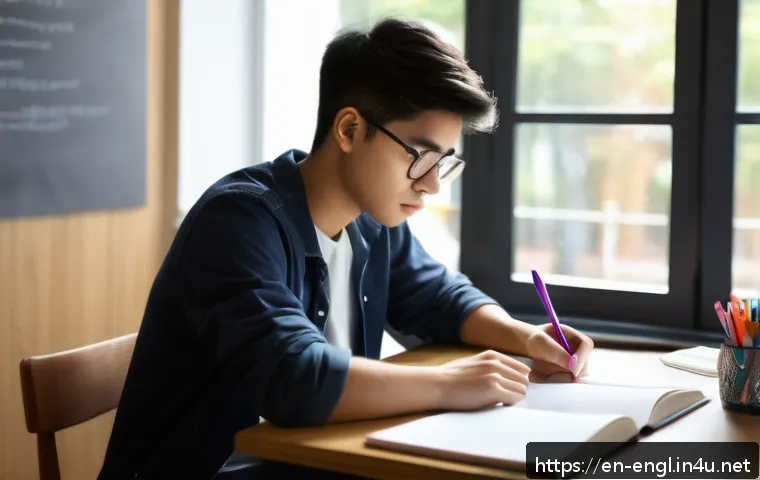 TOEFL Essay 작성 팁 - A modern study environment scene showing a young adult student sitting at a clean desk with a laptop...