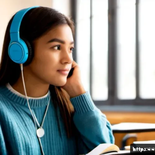 Home 17 TOEFL Speaking 예상 질문 모음 - Photorealistic university student practicing for an English speaking exam at a quiet library study d...