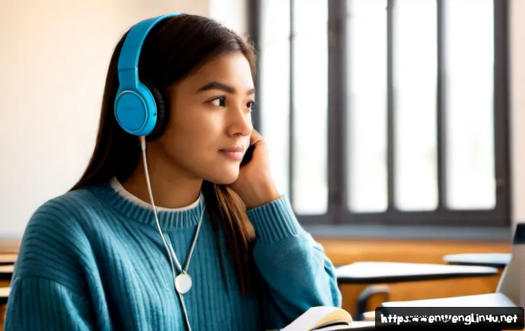 TOEFL Speaking 예상 질문 모음 - Photorealistic university student practicing for an English speaking exam at a quiet library study d...