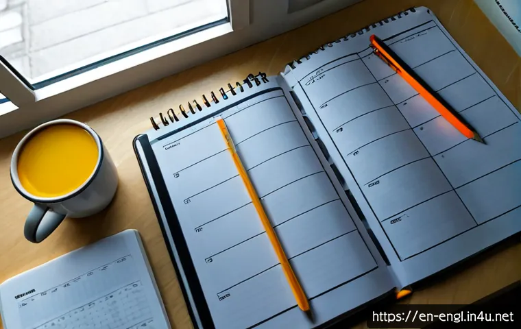 TOEIC 학습 플래너 작성법 - Photorealistic overhead view of a tidy home study desk with a blank weekly planner grid, open Englis...