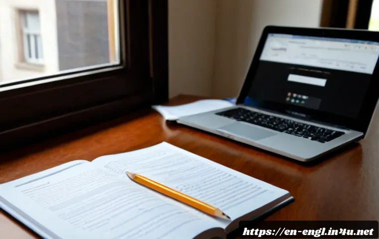 TOEFL Writing 학습 도구 추천 - Photorealistic home study desk for TOEFL writing preparation, focused college student using a laptop...