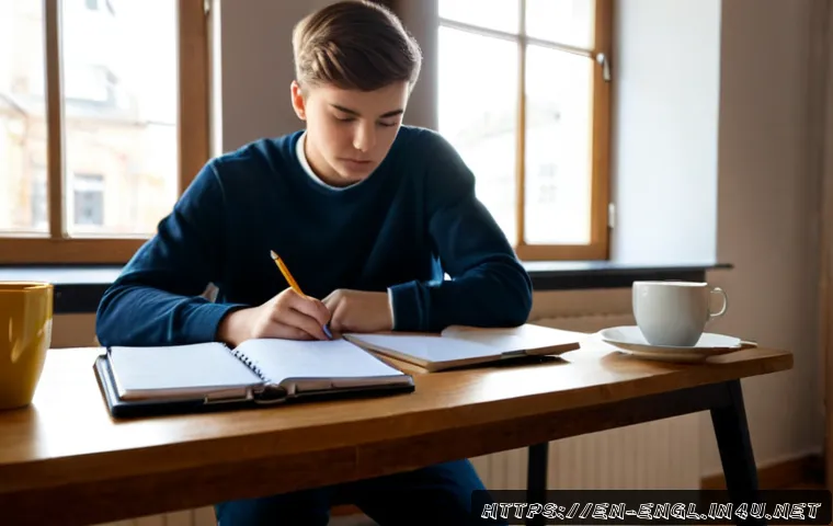 TOEFL Writing 고득점 필수 요소 - Photorealistic university student preparing for an English proficiency writing exam at a clean woode...