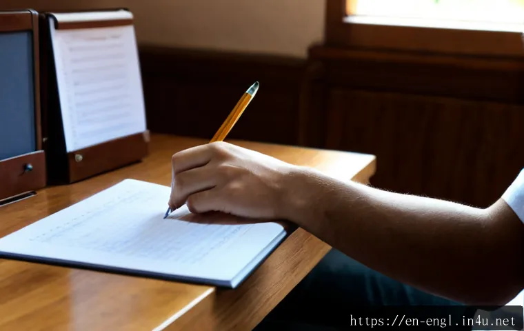 TOEIC Writing 만점 받는 법 - Photorealistic study scene of a focused young adult preparing for a high-stakes English writing exam...